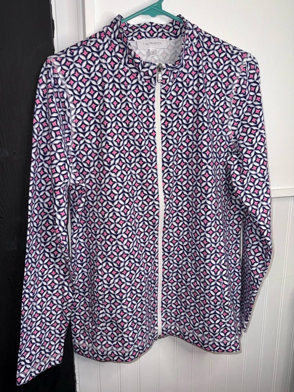 T for Talbots Shacket Geo Pink Navy White, Long Sleeve Front Zip Collared